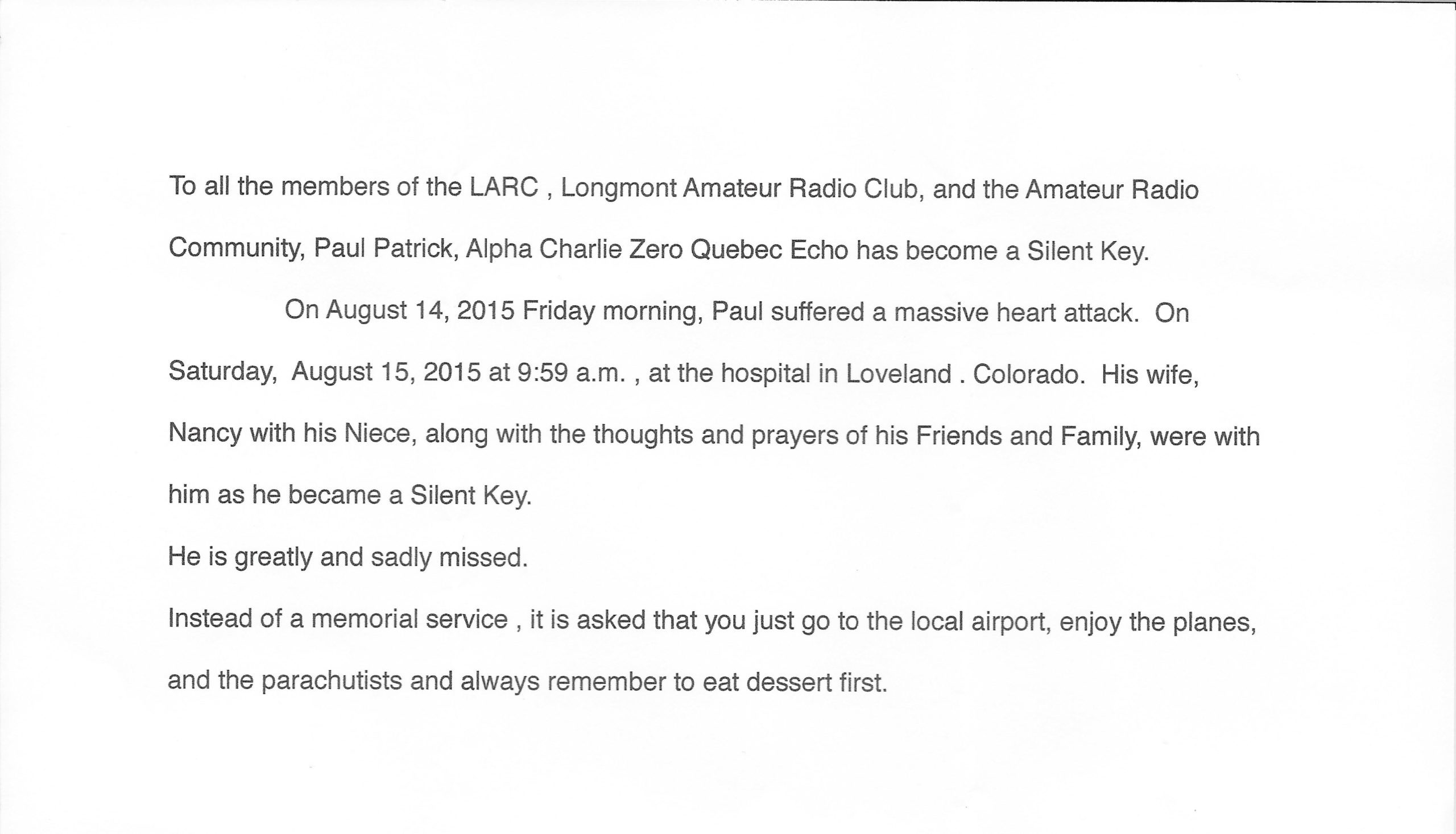 Paul Patrick Memorial Notice